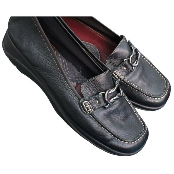 Aerosoles Black Leather Loafer Low Wedge Stitching Silver Buckle Square Toe 10 - Picture 1 of 7